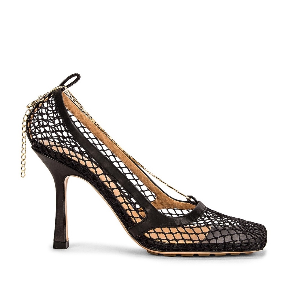Bottega Veneta Black Mesh High-Heel Pumps with Gold Zip Chain